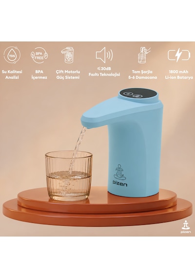 Pizen Flow Usb Şarjlı Otomatik Damacana Su Pompası Tds Ölçer 250ml 500ml 1l 2l Ölçü Özellikli Mavi