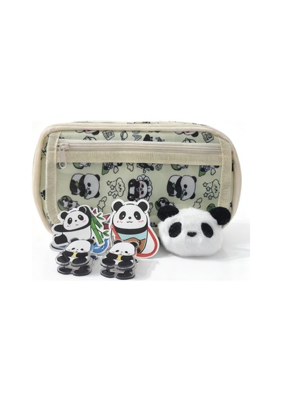 Panda Desenli Çok Bölmeli Kalemlik - Peluş Broş-sticker-klips Hediyeli Yeşil