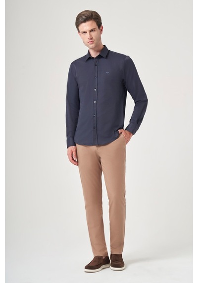 İmza Lacivert Sert Yaka Uzun Kol Cepsiz Slim Fit Pamuklu Gömlek 1004260213 Koyu Lacivert
