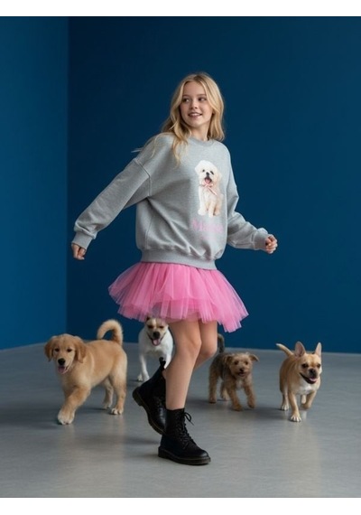 Zekids Kız Çocuk Pamuklu Köpek Baskılı Oversize Tasarım Sweatshirt-16472 Gri