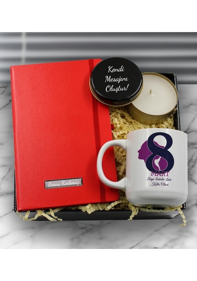 Kişiye Özel Kadınlar Gününe Özel Hediye Seti Kupa & Metal Mum & Kırmızı Defter