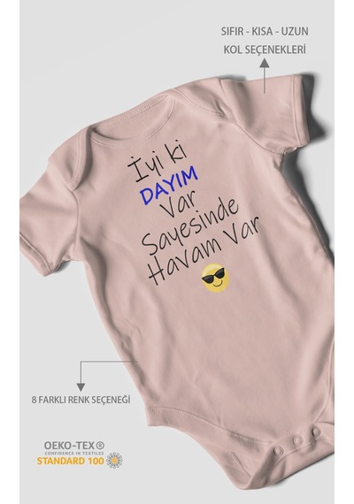 İyi Ki Dayım Var Sayesinde Havam Var Baskılı Bebek Zıbını Çıtçıtlı Body %100 Pamuk Kısa Kol Pastel Pembe