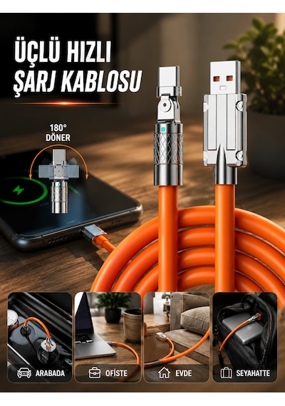 3 İn 1 Süper Hızlı Şarj Kablosu Android İos Uyumlu Silikon Şarj Kablosu - 4999