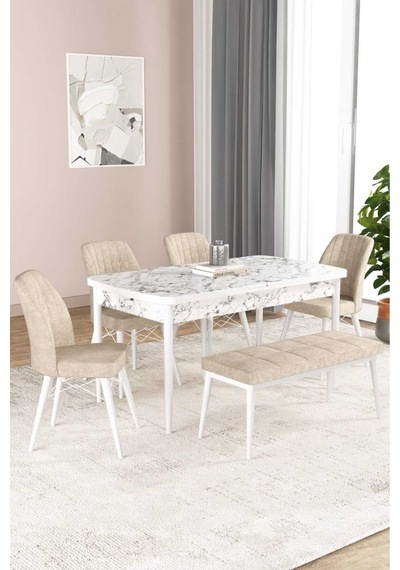 Mutfak Masa Takımı Beyaz Mermer 4 Krem Sandalye+bench Bej Mutfak Masa Takımı Beyaz Mermer 4 Krem Sandalye+bench Bej
