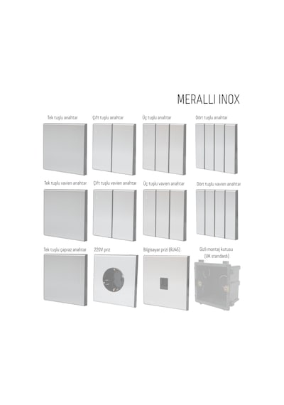 MERALLI INOX topraklı güç prizi, hakiki fırçalanmış paslanmaz çelik, çerçevesiz 86×86 Modüler  kasa dahil