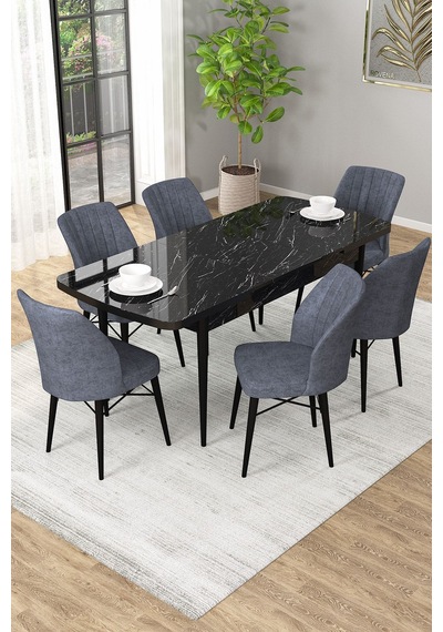 Arel Siyah Mermer 80x132 Açılabilir Mdf Masa Yemek Odası Takımı, Mutfak Takımı 6 Adet Sandalye Siyah Mermer - 6 Füme - Siyah Ayak Arel Siyah Mermer 80x132 Açılabilir Mdf Masa Yemek Odası Takımı, Mutfak Takımı 6 Adet Sandalye Siyah Mermer - 6 Füme - Siyah Ayak