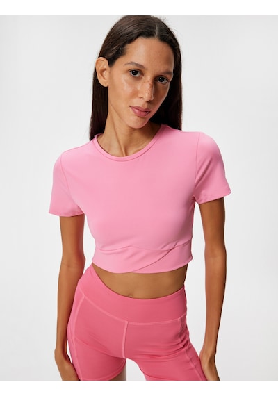 Koton Crop Spor Tişört Slim Fit Bisiklet Yaka Katlı Kısa Kollu Pembe 4sak10284nk Gül