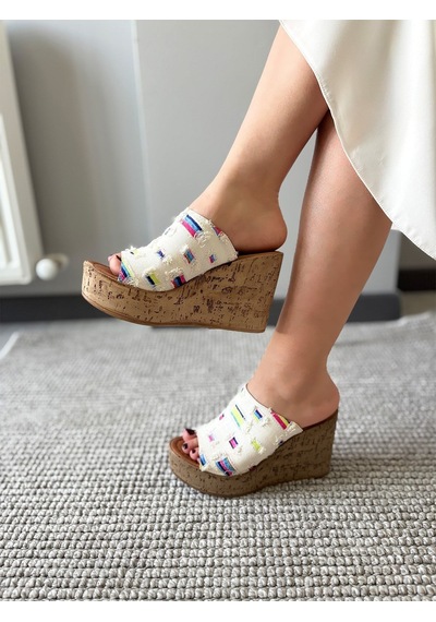 Asmi Shoes Kadın Limo Beyaz Kot Dolgulu Mantar Taban Terlik 10 Cm Beyaz