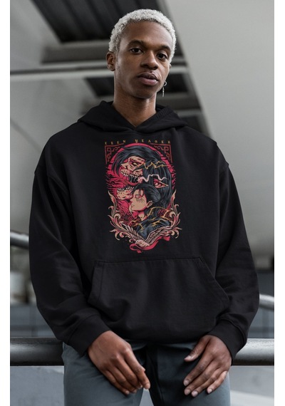 Sevbano Özel Tasarım Eren Yeager Baskılı Unisex Oversize Attack On Titan Siyah