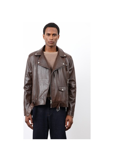 Antioch 100% Deri Biker Ceket Kahve