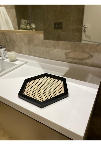 Rattan Hazeran Altıgen Tepsi Siyah %100 Doğal Hazeran