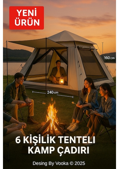 6 Kişilik Otomatik Kurulumlu Kamp Çadırı Sineklikli & 1000 Mm Su Geçirmez Outdoor Çadır Bej