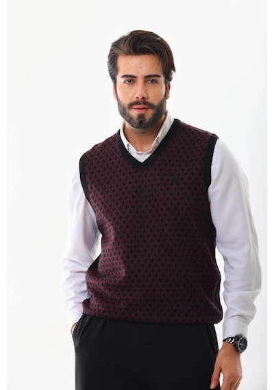 Pelikan Erkek V Yaka Desenli Süveter 7627 Bordo