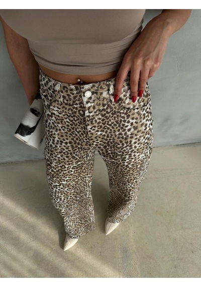 Zeo Basic Gold Leopar Desenli Varak Baskılı Geniş Paça Pantolon Gold-leopar