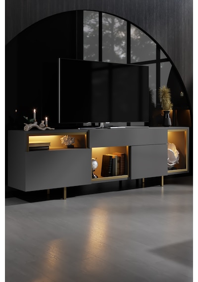 Norm Gold Demir Ayaklı Rgb Led Işık Sistemli Antrasit Tv Ünitesi Tv Sehpası Antrasit - Altın Norm Gold Demir Ayaklı Rgb Led Işık Sistemli Antrasit Tv Ünitesi Tv Sehpası Antrasit - Altın