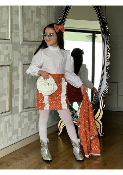 Miniğimin Cicileri Tüvit 5 Parça Ceketli Çantalı Kız Çocuk Takım - Turuncu