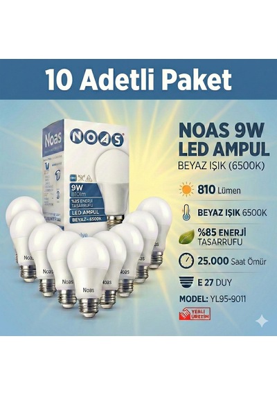 Noas 9w Led Ampul 10lu Paket Beyaz Işık E27 Duy 810lm Yl95-9011