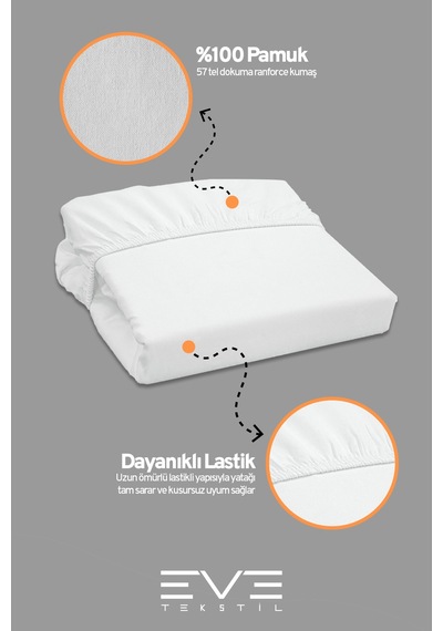 Eve Tekstil Pamuklu Çift Kişilik Rainforce Kumaş Lastikli Çarşaf Ve Yastık Kılıfı Set Beyaz