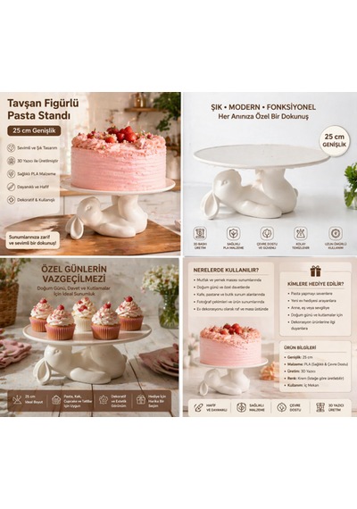 Tavşan Figürlü Dekoratif Pasta Standı 25 Cm 3d Baskı Şık Sunumluk Çok Renkli