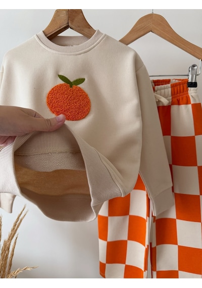 Magu Çocuk Portakal Nakışlı Ekru Sweatshirt Ve Turuncu Dama Eşofman Takımı Çok Renkli