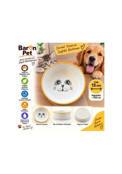 Pet Kedi Köpek Seramik Mama Ve Su Kabı 15 Cm 700 Ml Kaymaz Tabanlı Sevimli Desenli - Sarı