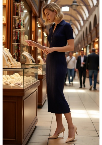 Benerly Kadın Polo Yaka Kısa Kollu Midi Elbise Triko Kumaş Bodycon Kesim Lacivert