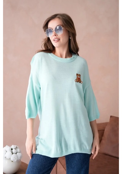 Park Karon 10729 Kadın Bisiklet Yaka Nakış Detay Oversize Trko Kazak Mint