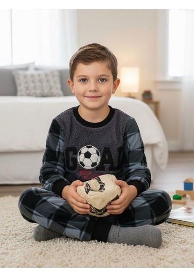 Zekids Erkek Çocuk Goal Baskılı Polar Pijama Takımı-16816 Füme