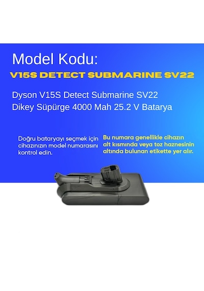 Dyson V15s Detect Submarine Sv22 4000 Mah Süpürge Batarya Yüksek Kapasiteli, Güçlü Ve Dayanıklı Yedek Pil Uzun Ömürlü Li-ıon Batarya