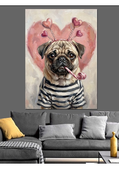 Kalp Gözlüklü Sevimli Pug Köpek Dekoratif Kanvas - Mdf Ahşap Tablo