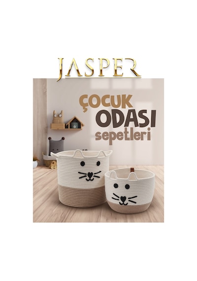 Jasper Bej İkili Jüt İp Kedi Tasarımlı Çok Amaçlı Çocuk Odası Oyuncak Kıyafet Kirli Sepeti Organizer Beyaz