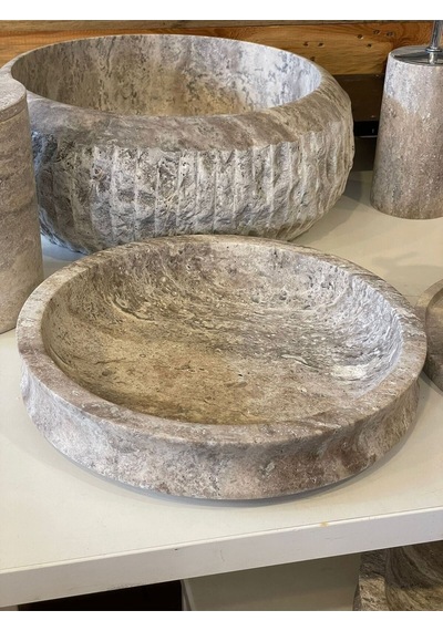 Yeni Silver Gümüş Traverten 9'lu Lavabo Ve Kaseli Banyo Takımı Beyaz