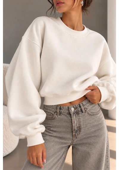 Bbbutikbasic 3 İplik Şardonlu Kısa Sweatshirt Bisiklet Yaka Kadın 3 İplik Şardonlu My3535 Ekru