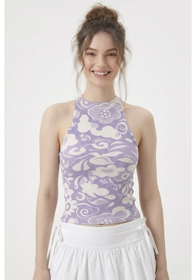 Neden Tekstil Kadın Fitilli Baskılı Halter Yaka Crop Bluz - Ekru-mor