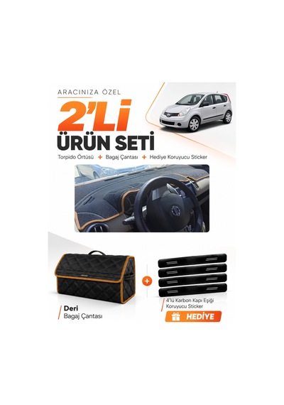 Nissan Note E11 2005-2009 Uyumlu Torpido Örtüsü + Deri Bagaj Çantası + Sticker - Siyah Kahverengi
