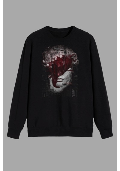 Tarzsokak Mitoloji Renkli Heykel Baskılı Siyah Sweatshirt