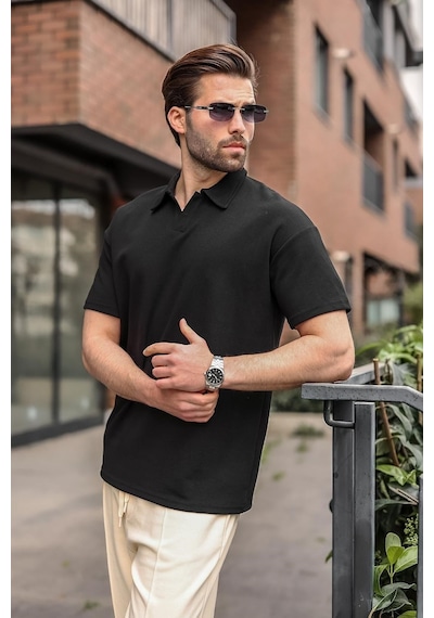 Madmext Siyah Polo Yaka Oversize Erkek Tişört E7185