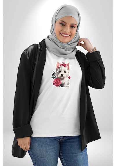 Beyaz Highland Teriyeri Kırmızı Gül Unisex Unisex Beyaz Organik Baskılı T-shirt Penye Yüksek Kalite Beyaz