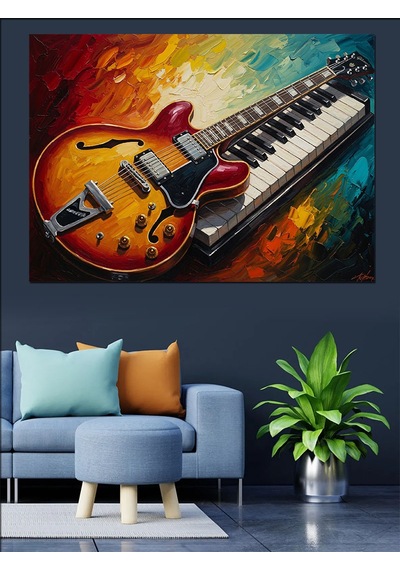Gitar Ve Piyano Tuşları Kolajı Dekoratif Kanvas - Mdf Ahşap Tablo