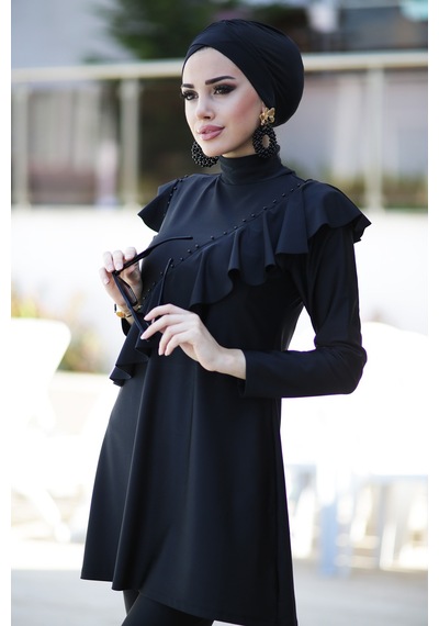 Tasarım Likralı Tam Kapalı Tesettür Mayo Fırfır Volan R032 Hatice Sultan Siyah