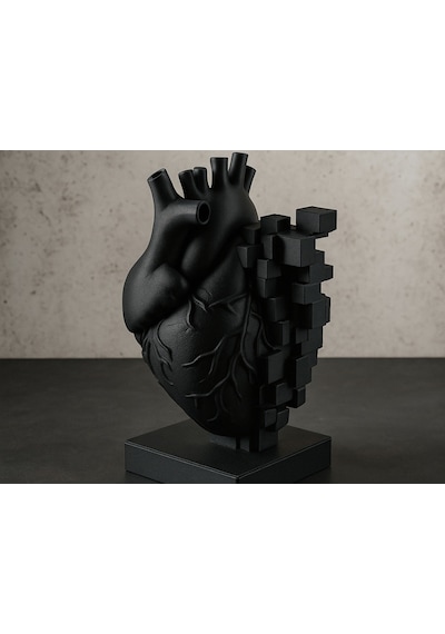 Piksel Kalp Heykeli Mat Siyah Anatomik Sanat Dekoratif Biblo