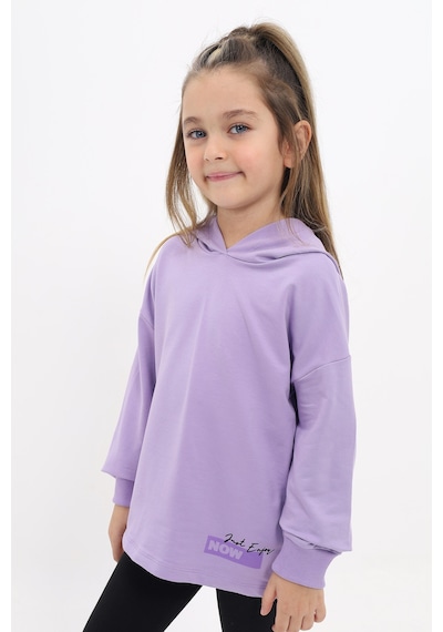Toontoy Kız Çocuk Relax Fit Kapüşonlu Düşük Omuz Baskılı Sweatshirt - 2 İplik Lila