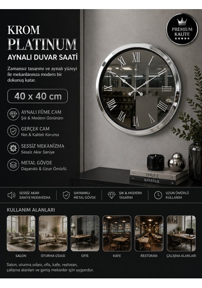Krom Platinum Aynalı 40 X 40 Cm Duvar Saati