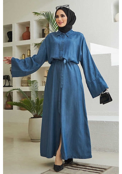 Neways 6596-Düğmeli Süs Kuşaklı Abaya Koyu Mavi