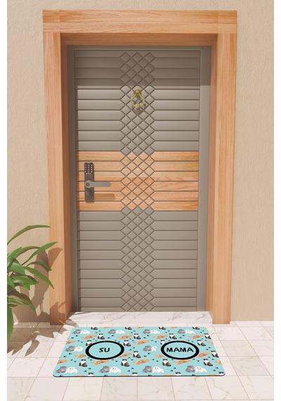 Rugmood Modern Dijtal Baskı Mavi Su, Mama Kabı Matı Kapı Önü Paspası Çok Renkli