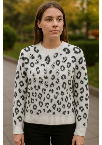 Ayda Boncuk Detaylı Angora Bluz Ekru - 783832599 Ekru