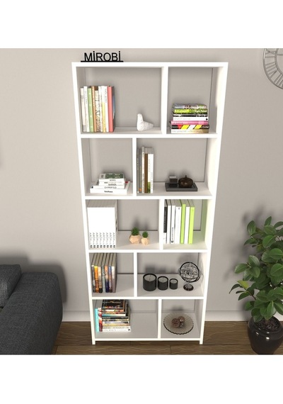 Cordoba 5 Raflı 10 Bölmeli Kitaplık Dekoratif Modern Kitaplık, Beyaz