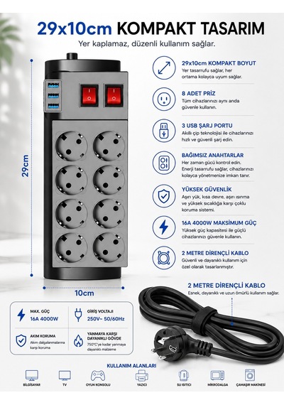 Ftr-08 4000w 16a Akım Korumalı 2 Anahtarlı 8'li Priz, 3 Usb Portl
