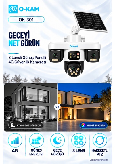 O-kam Ok-301 4g 9mp Üç Lensli Solar Aov Ptz Kamera
