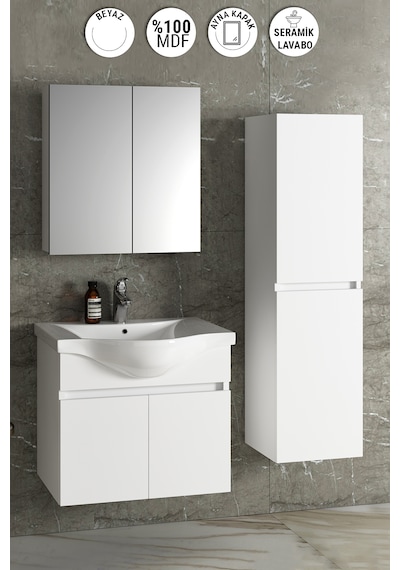 Yıldız 55+35 Cm Beyaz Mdf Lavabolu Asma Banyo Dolabı Takımı Beyaz